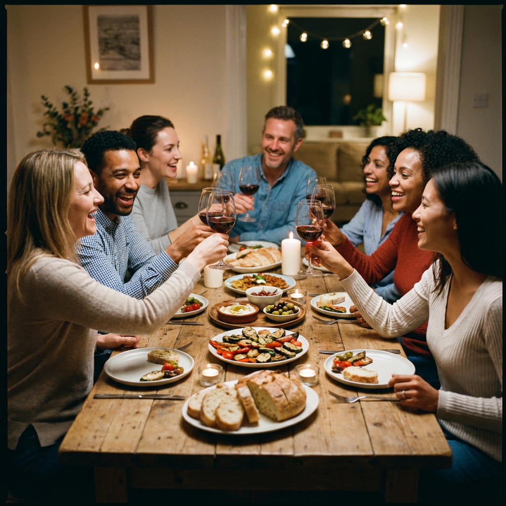 Friends gathered around dinner table sharing food