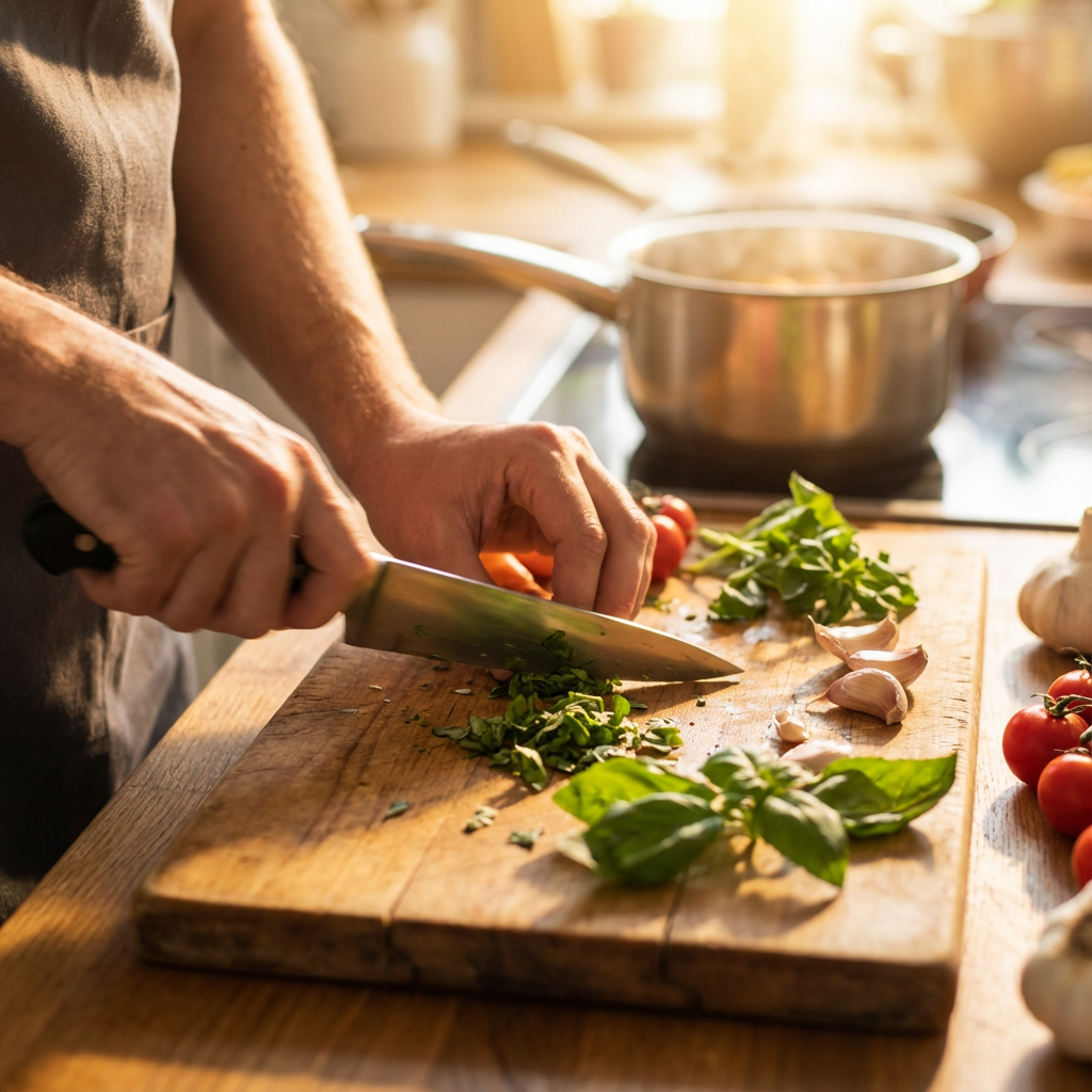 Hands actively cooking, chopping fresh ingredients