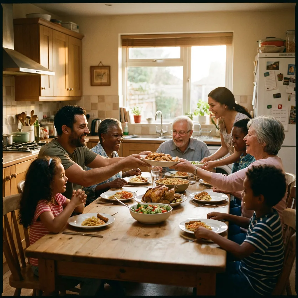 A family sharing a meal together at the table