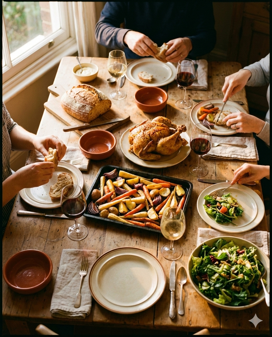 Beautiful home-cooked dinner spread on a rustic table with warm lighting