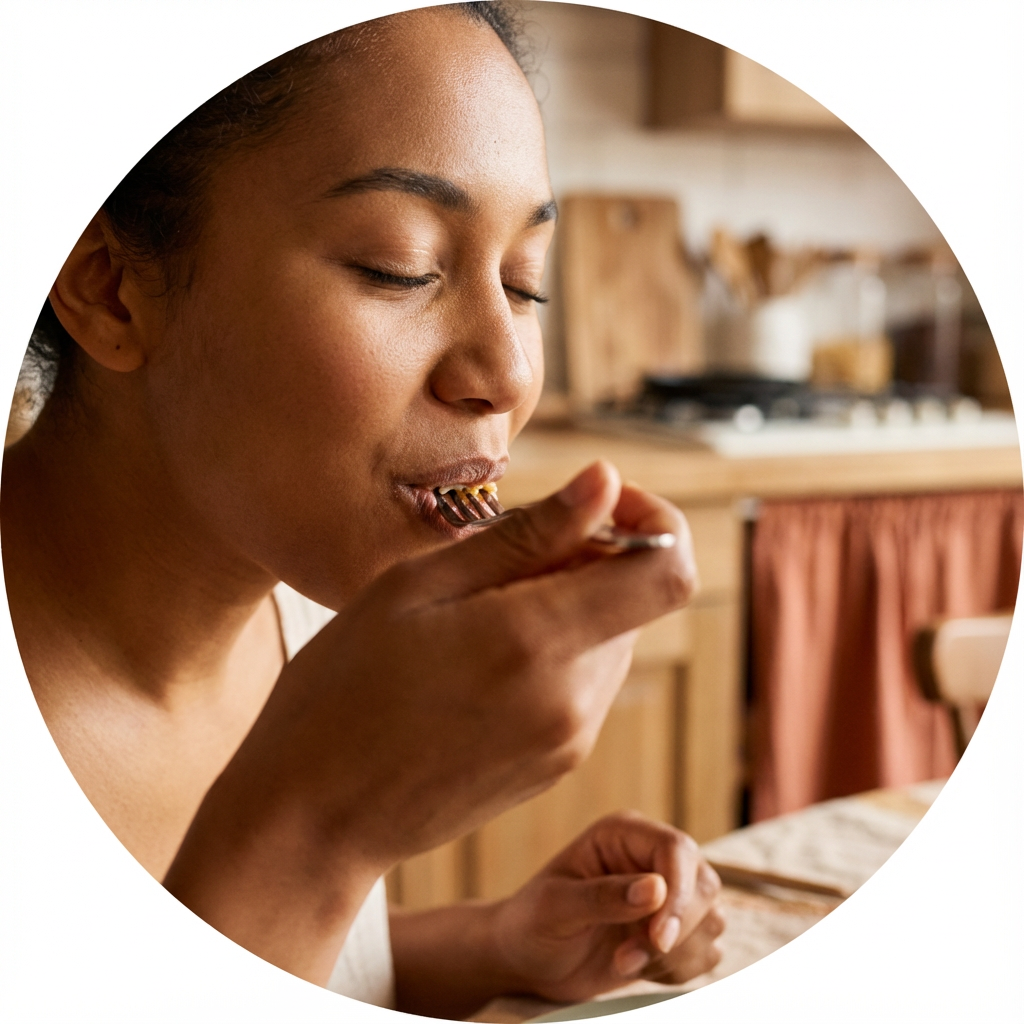 Person enjoying a bite of delicious food